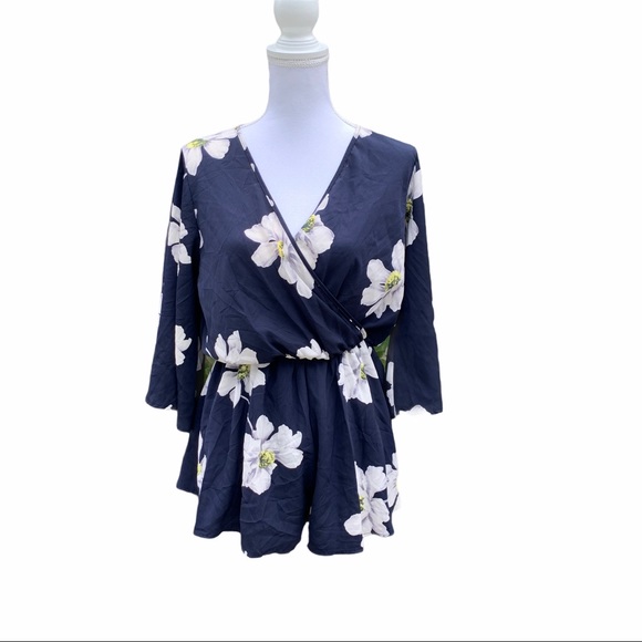 Lulus Flow On Navy Blue Floral Print Romper Medium - Picture 7 of 14